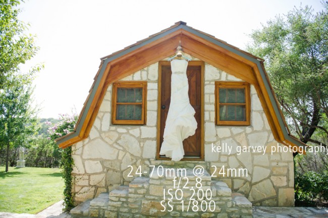 Wedding dress hanging outside taken with 24-70mm lens