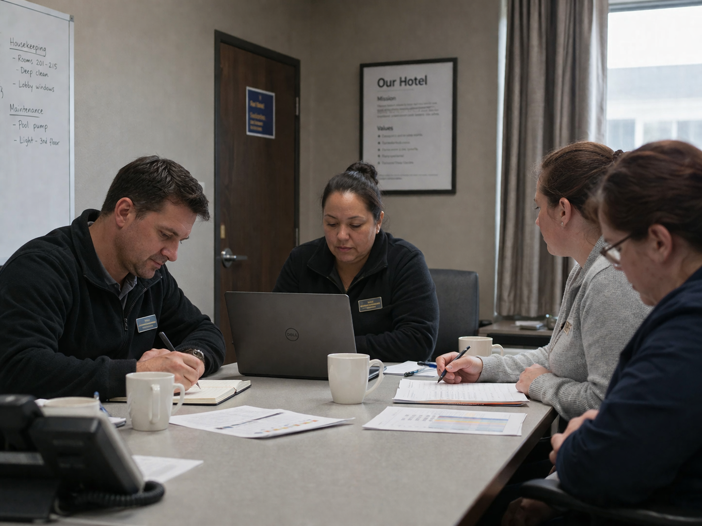 Candid, documentary-style photo of four hospitality staff in a small, plain meeting room, seated around a table with coffee mugs and printed sheets, one person writing in a notebook while another works on a laptop, all focused on the discussion with no eye contact to camera and neutral expressions under soft, muted lighting.