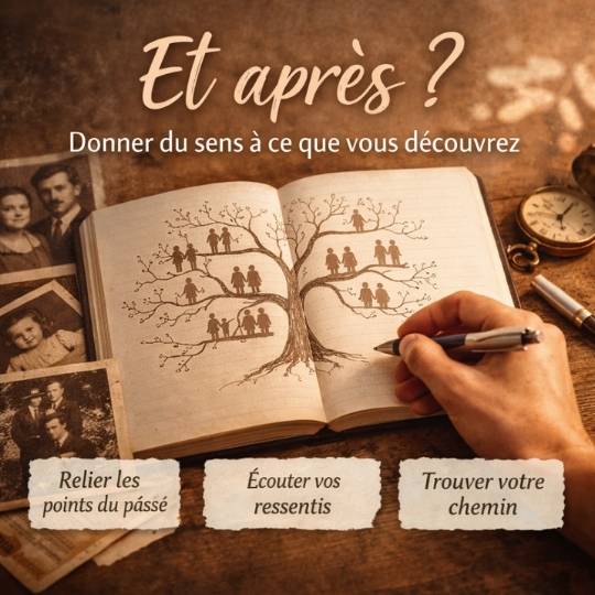 Carnet ouvert avec arbre transgénérationnel dessiné à la main et photos anciennes pour symboliser la compréhension de l’histoire familiale