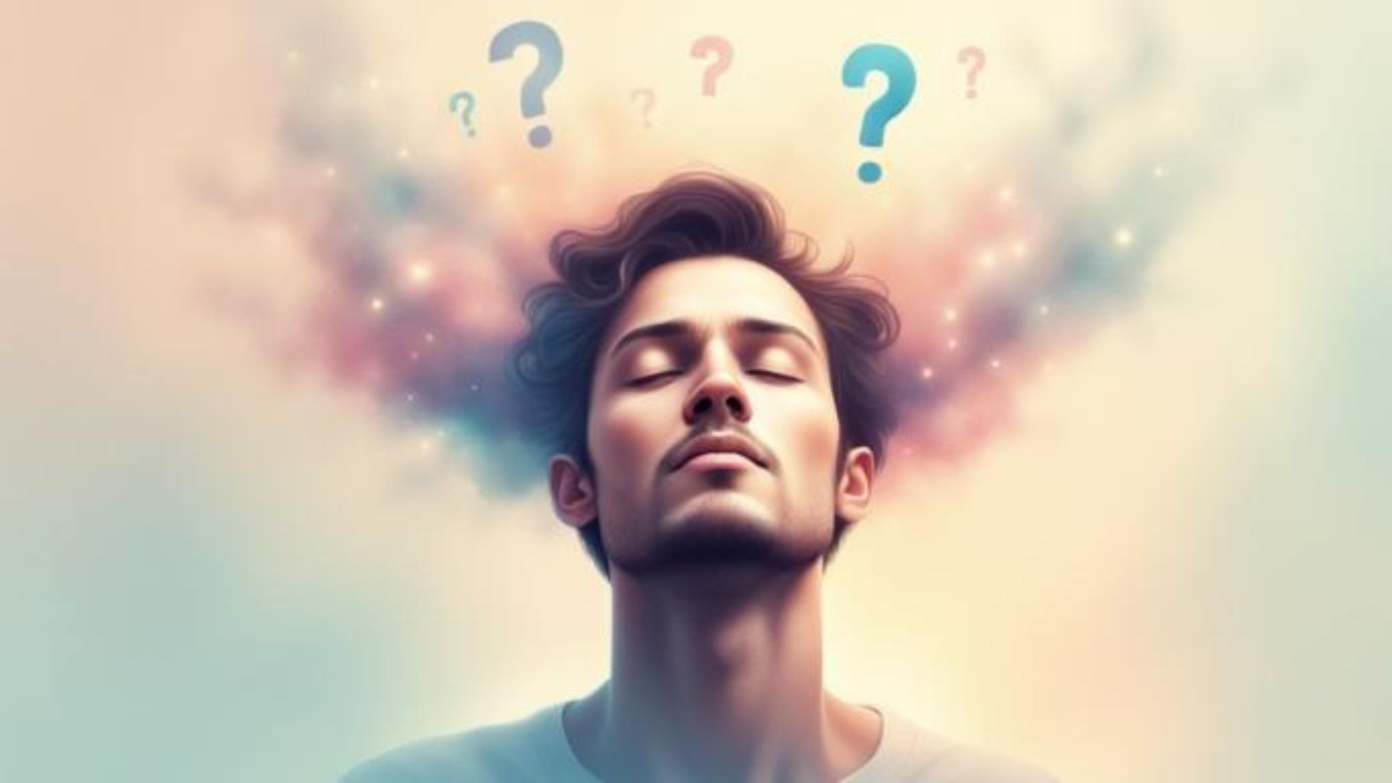 Conceptual image of a man with eyes closed and a calm expression while soft, colorful thought clouds and floating question marks hover above his head, symbolizing overthinking, mental questioning, and the moment of insight when the mind begins to let go