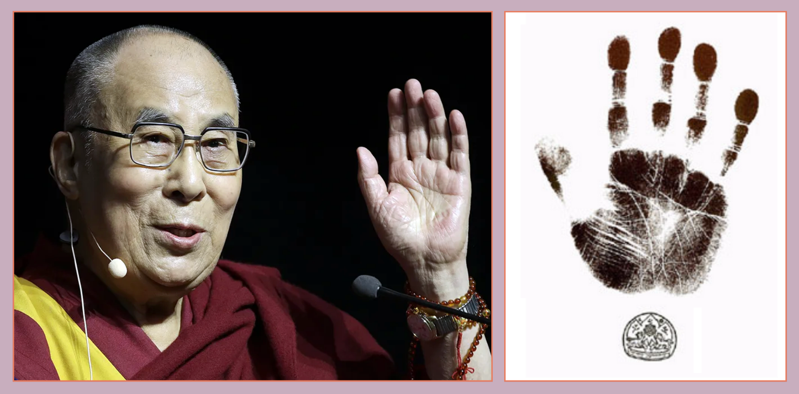 The Dalai Lama with hand raised and lithograph of Dalai Lama's right palm print