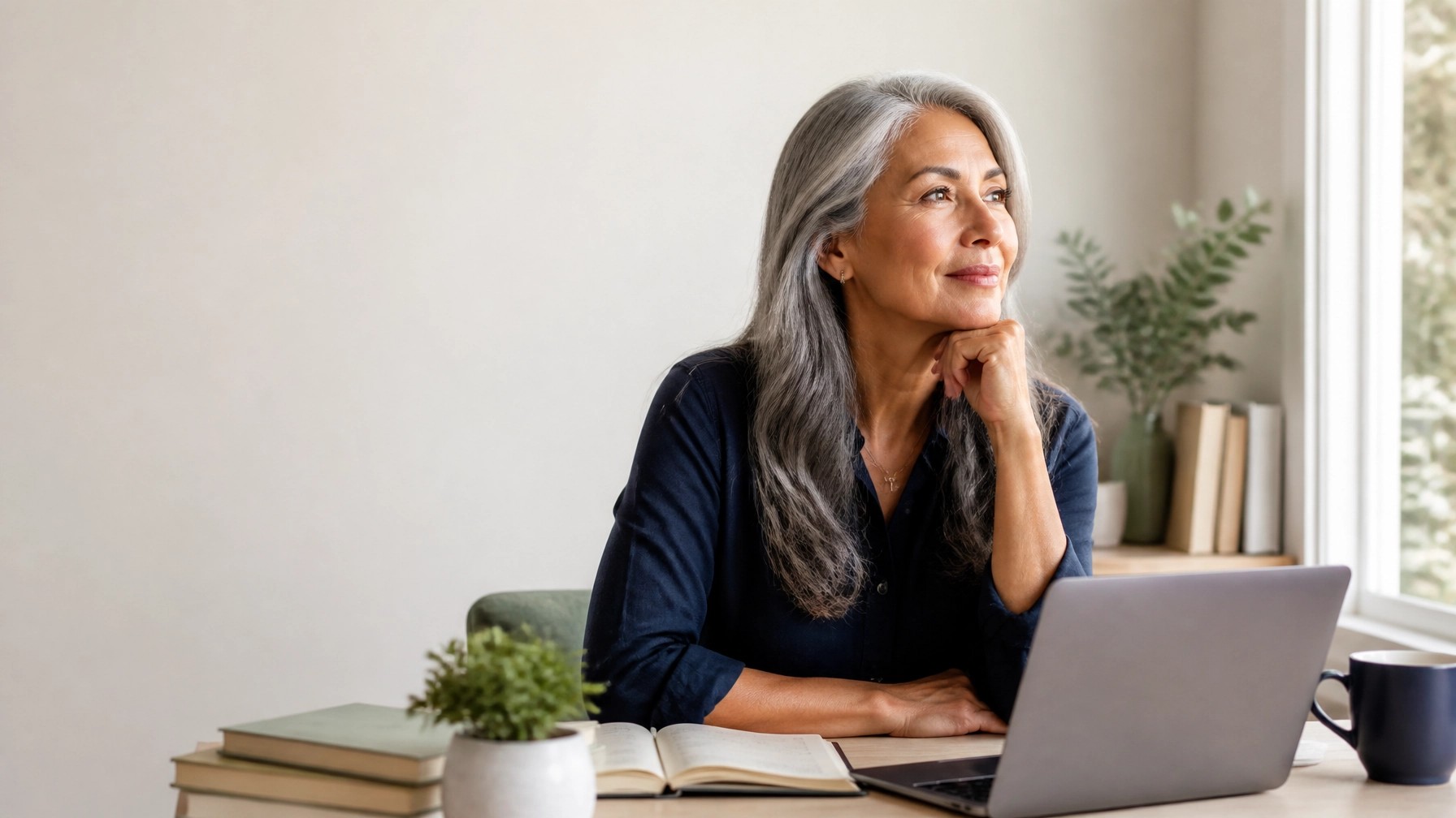Mature woman reflecting at a desk beside a sunlit window.