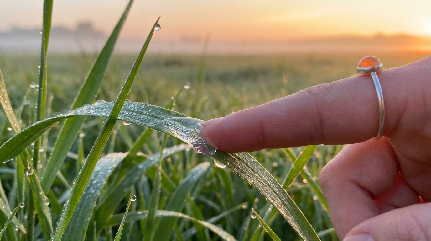 A finger wearing a silver sunstone ring touching a glistening dewdrop on a blade of grass at sunrise, illustrating the traditional Beltane morning dew beauty ritual.