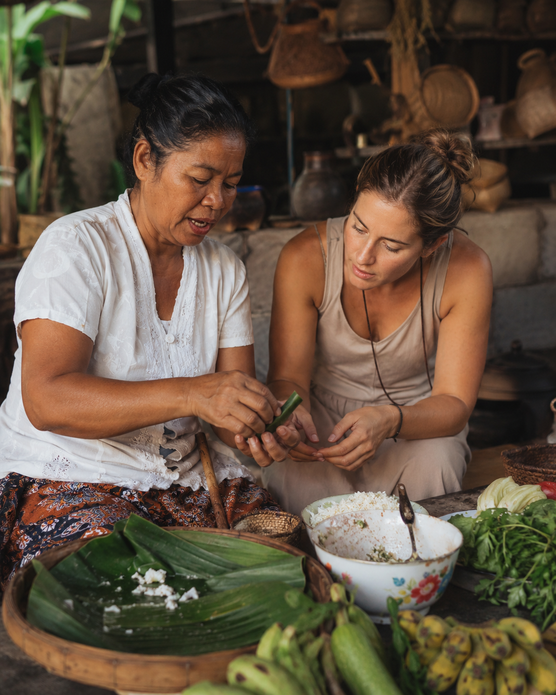 A woman learning to prepare a local dish alongside a resident cook in a market