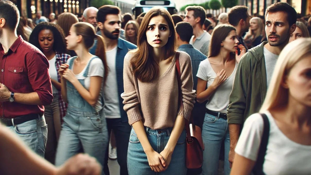 A woman standing in a crowd with anxiety