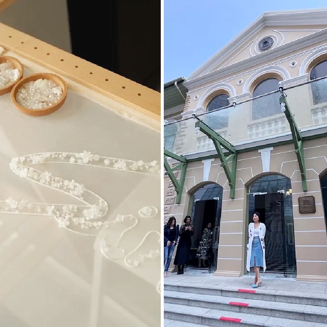 SIRIVANNAVARI Lunéville embroidery in progress alongside an exterior view connected with the Thai fashion house.