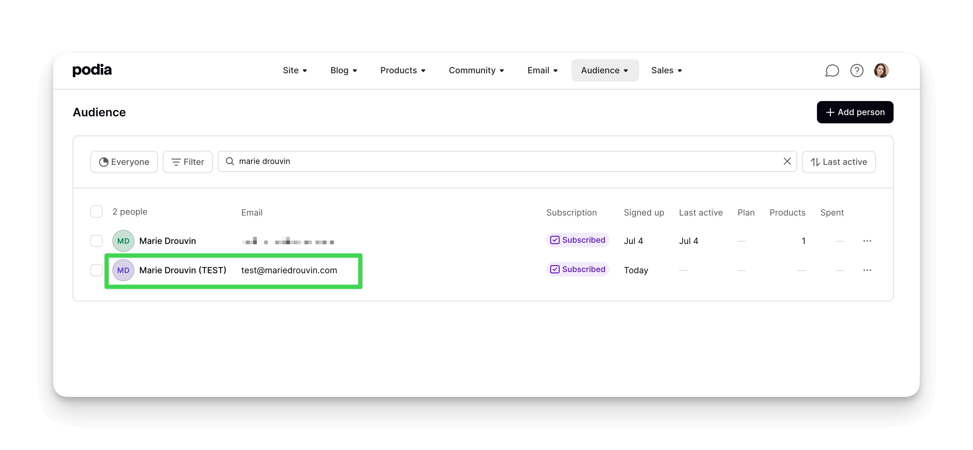 Tester l'action sur Podia