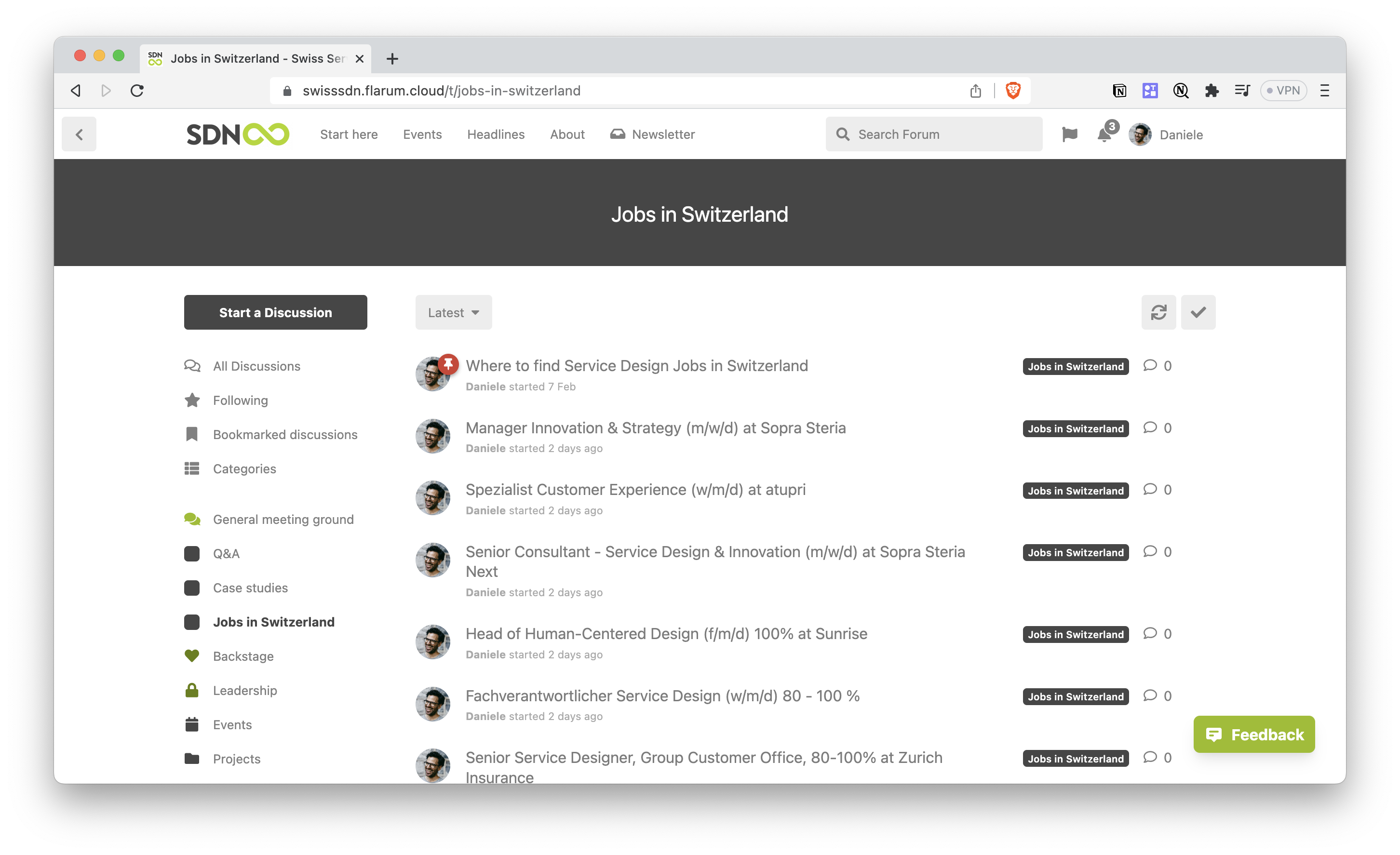 A screenshot of the discussion board with a list of Swiss Service Design jobs