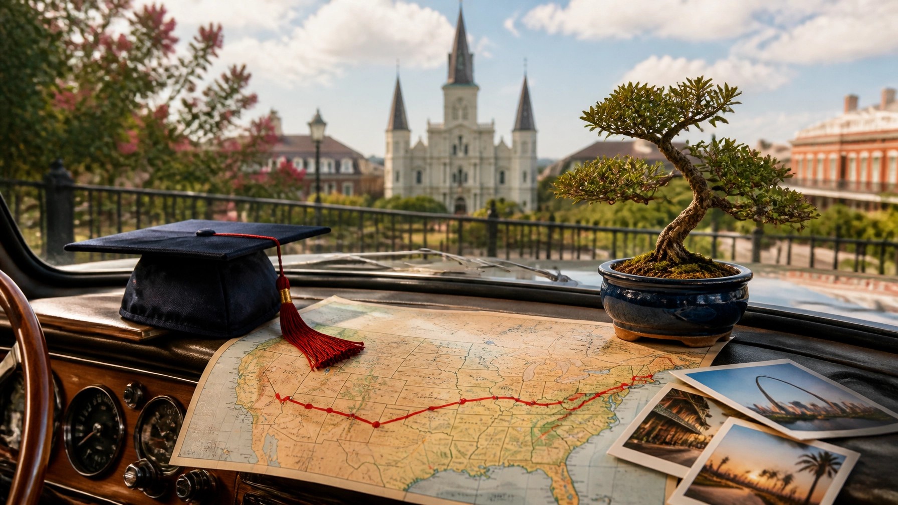  A vintage-style collage map of a cross-country road trip, featuring a graduation cap, a small bonsai tree, the St. Louis Cathedral, and a car dashboard.