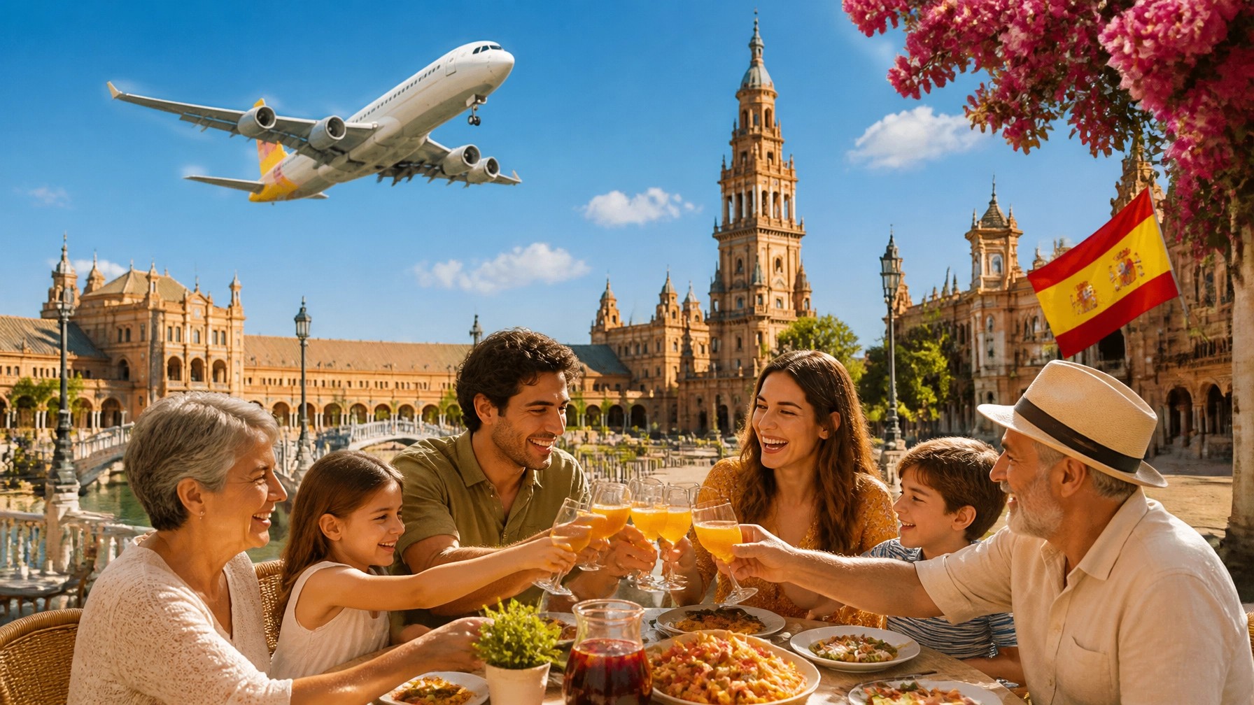 A vibrant collage featuring a modern airplane in a blue sky, a sun-lit spanish plaza with historic architecture, and a joyful family sharing a meal outdoors.