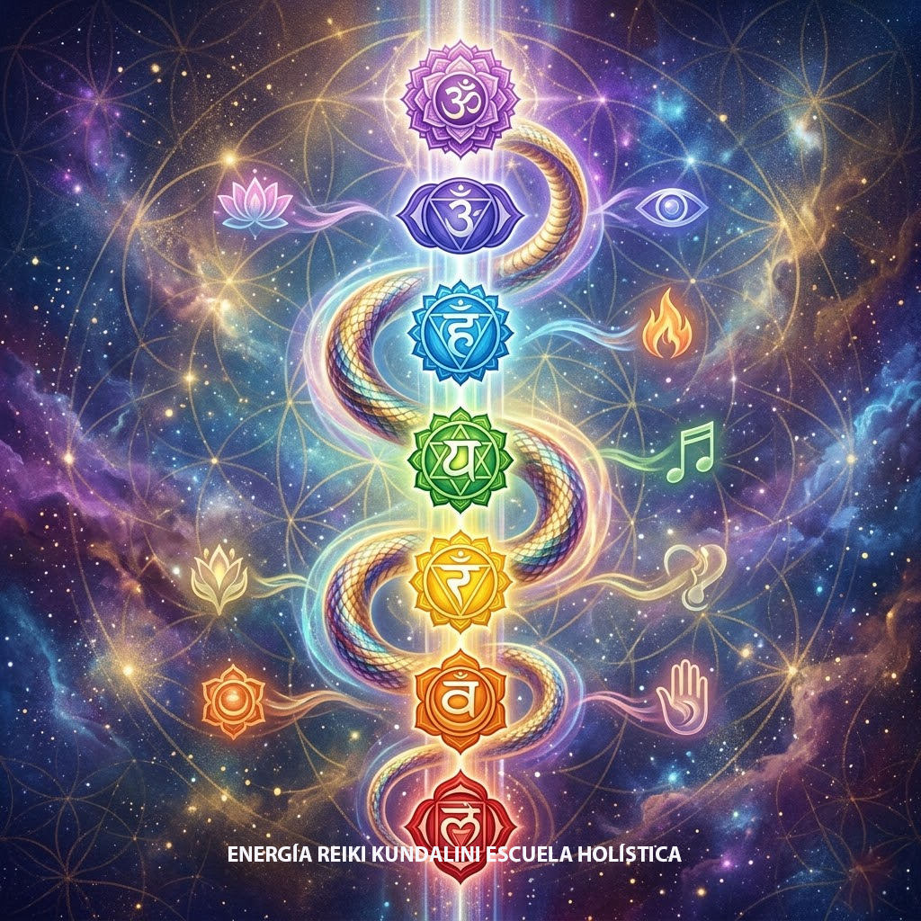 Ilustración artística cuadrada del viaje ascendente de la Kundalini a través de los 7 chakras para despertar dones espirituales. Energía Reiki Kundalini Escuela Holística, Anna María Rubio Cintas