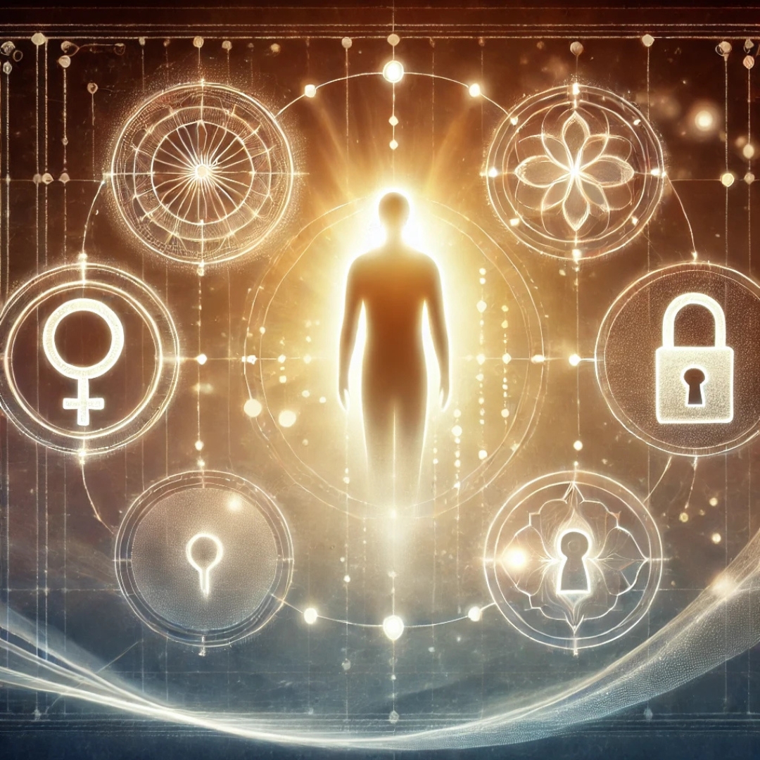 Image abstraite avec silhouette centrale et symboles flottants représentant les types de transmission des prénoms dans la lignée familiale