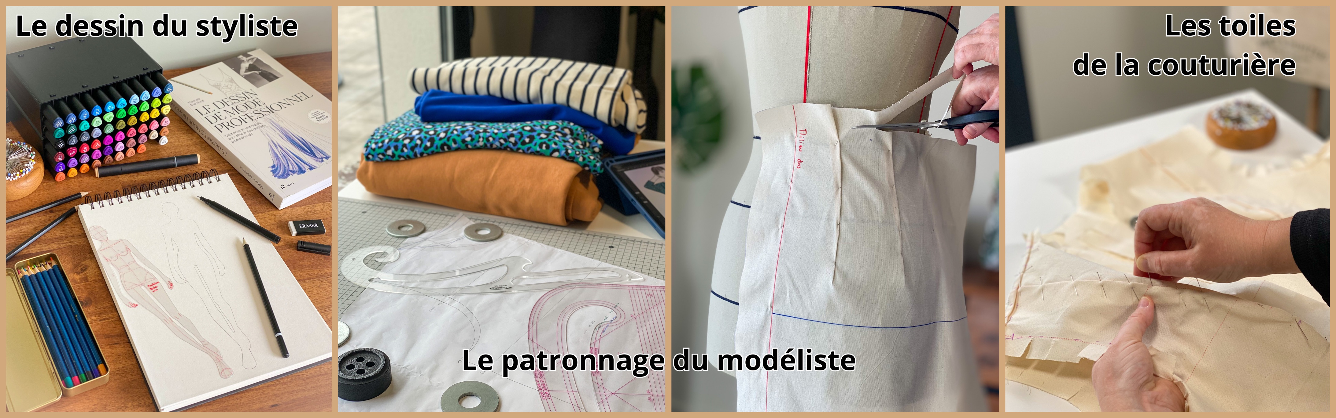 Illustration des 3 métiers derrière un patron de couture : styliste, modéliste et couturière