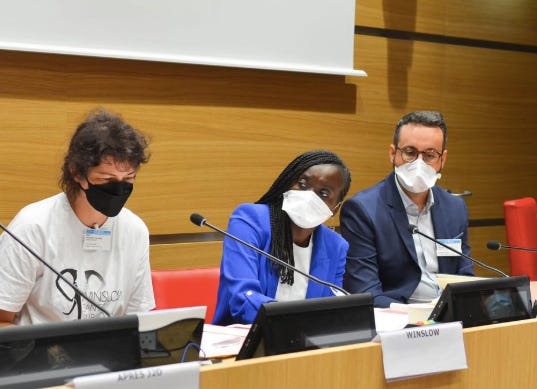 Photo à l'assemblée où on voit la député assise et entourée de deux personnes, les trois personnes portent des masques FFP2, noir ou blanc