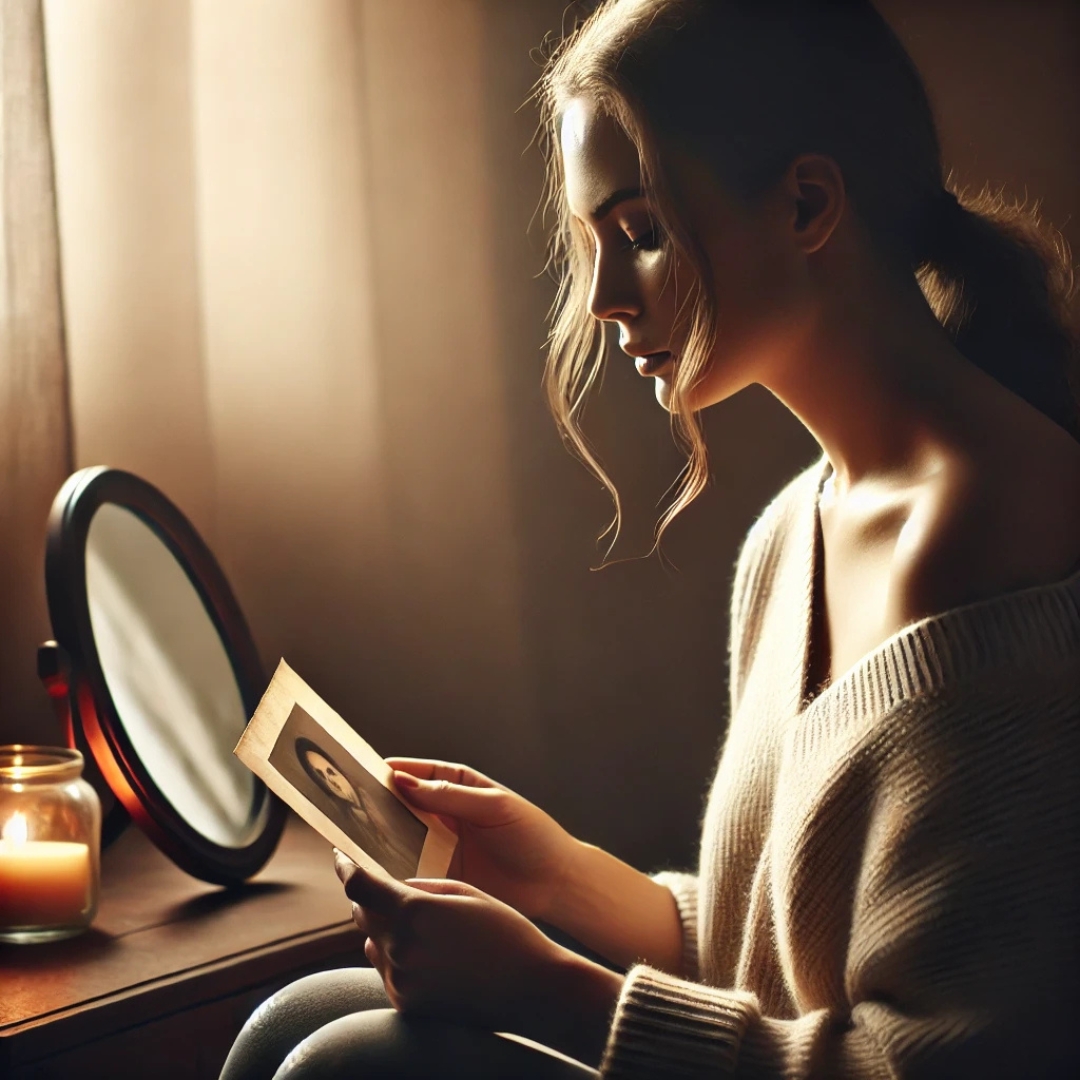 Femme pensive face à un miroir symbolique, ressentant le poids invisible du syndrome du gisant