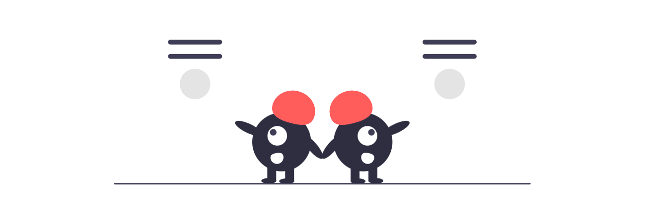 An illustration of two little monsters looking in different locations to symbolize the separation of types of thoughts