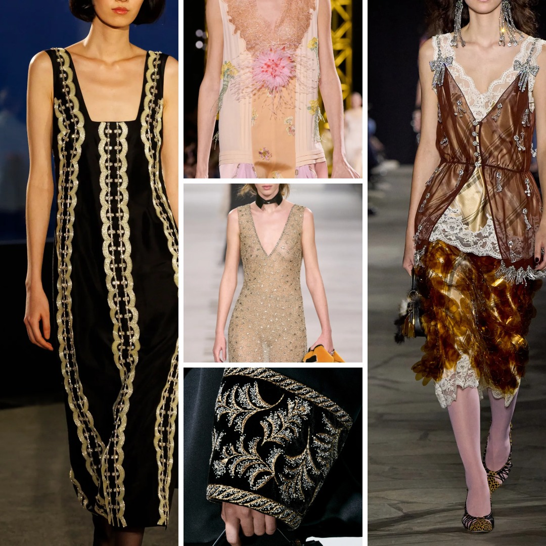 Fall/Winter 2026 Art Decadence runway examples featuring beadwork, metallic embroidery, sheer embellished fabrics and fringe