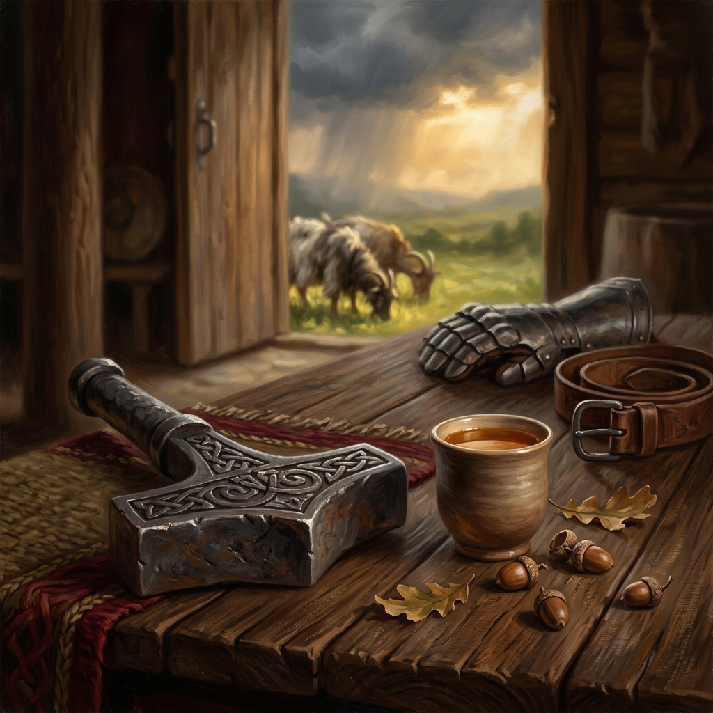 Intricately carved Mjölnir hammer resting on a wooden table beside a ceramic cup, leather belt, iron gauntlet, and acorns, looking out through an open doorway at grazing goats and a stormy sky.