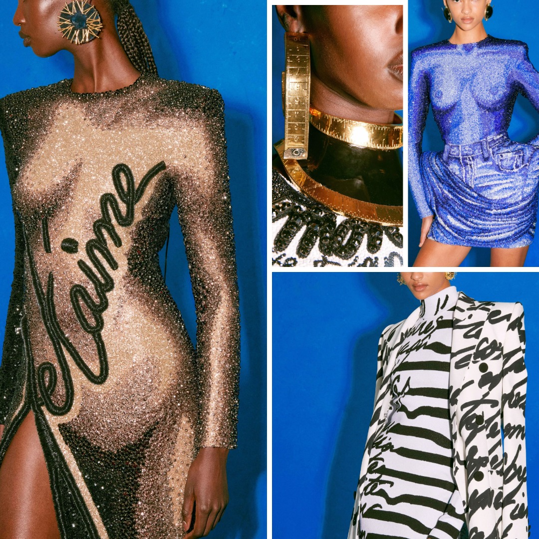 Collage of Balmain Resort 2025 looks by Olivier Rousteing, featuring hand-embroidered crystal lettering, metallic fabrics, bold shoulder silhouettes, and accessories shaped like tape measures and rulers.
