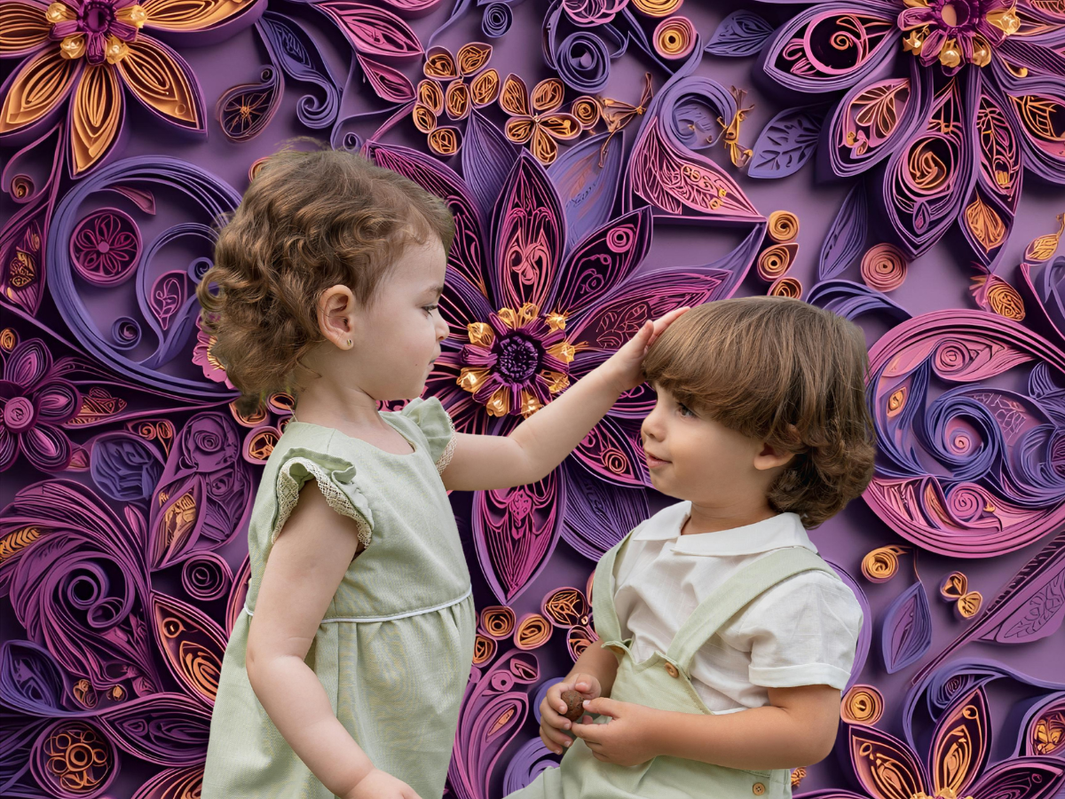 A young girl comforts a young boy. Purple background in the style of paper quilling.