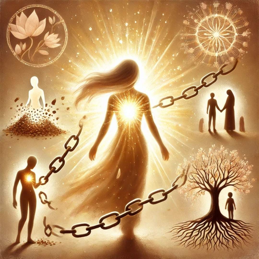 Femme symbolisant la libération transgénérationnelle, au centre d’une lumière dorée, des chaînes se brisant autour d’elle, évoquant la transformation intérieure et la guérison familiale.