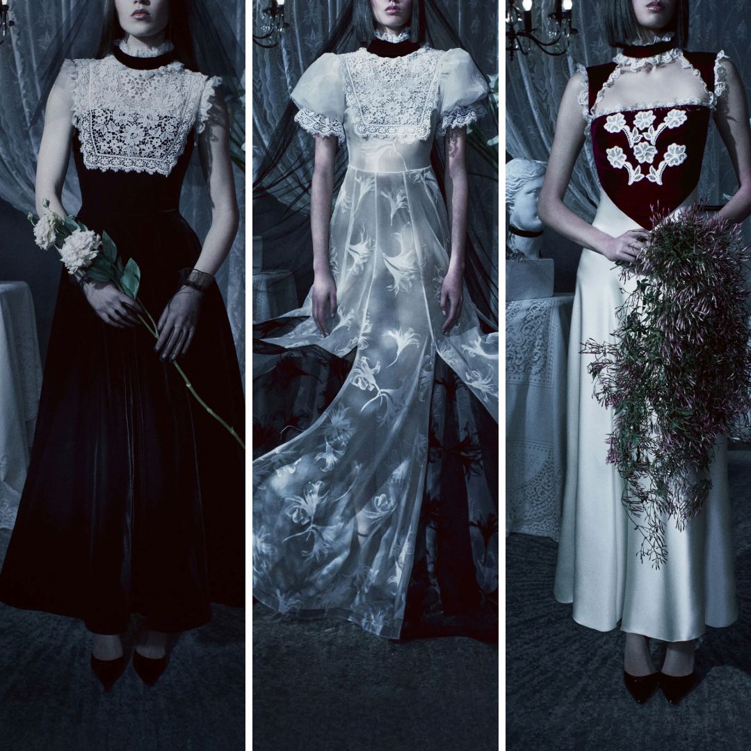 Rodarte Fall 2025 dresses with high necklines, lace bodices, and long silhouettes in black velvet, sheer white organza, and burgundy with floral appliqué