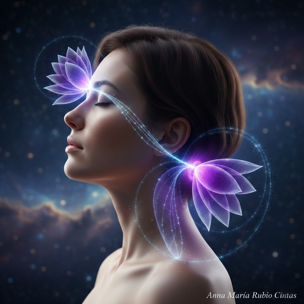 Mujer con energía en el sexto chakra posterior y nuca.