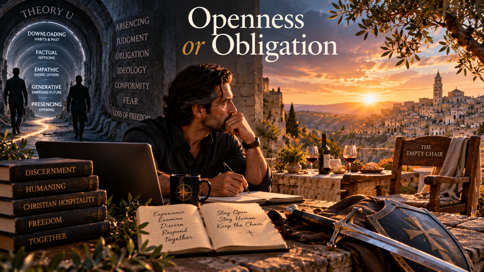 Many reflecting and journaling in at a table stacked with books as he looks out at an ancient Italian city