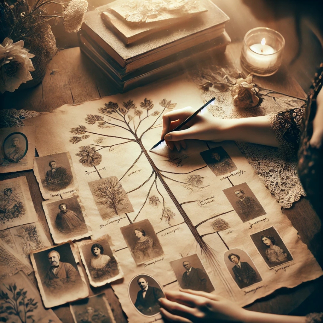Personne dessinant un arbre généalogique sur du papier ancien avec des photos de famille en noir et blanc, illustrant l'exploration des mémoires familiales en psychogénéalogie