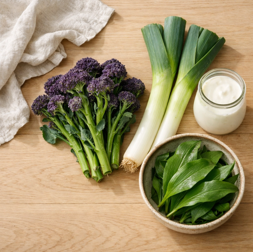 Seasonal gut-friendly foods: purple sprouting broccoli, leeks, kefir, and wild garlic on kitchen table