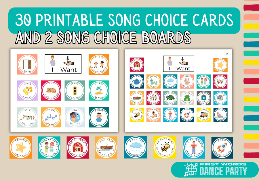 A song choice board featured beside some of the song boards in the Ultimate Songboard Bundle from First Words Dance Party®.