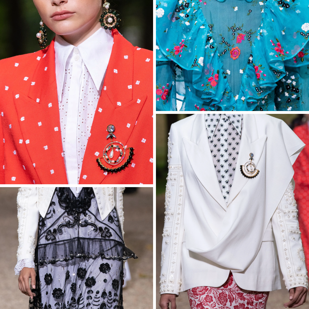 Details from Erdem’s Spring/Summer 2020 collection inspired by Tina Modotti, including embroidered suiting, brooch embellishments, ruffled floral chiffon, and layered lace reflecting political and romantic contrasts.