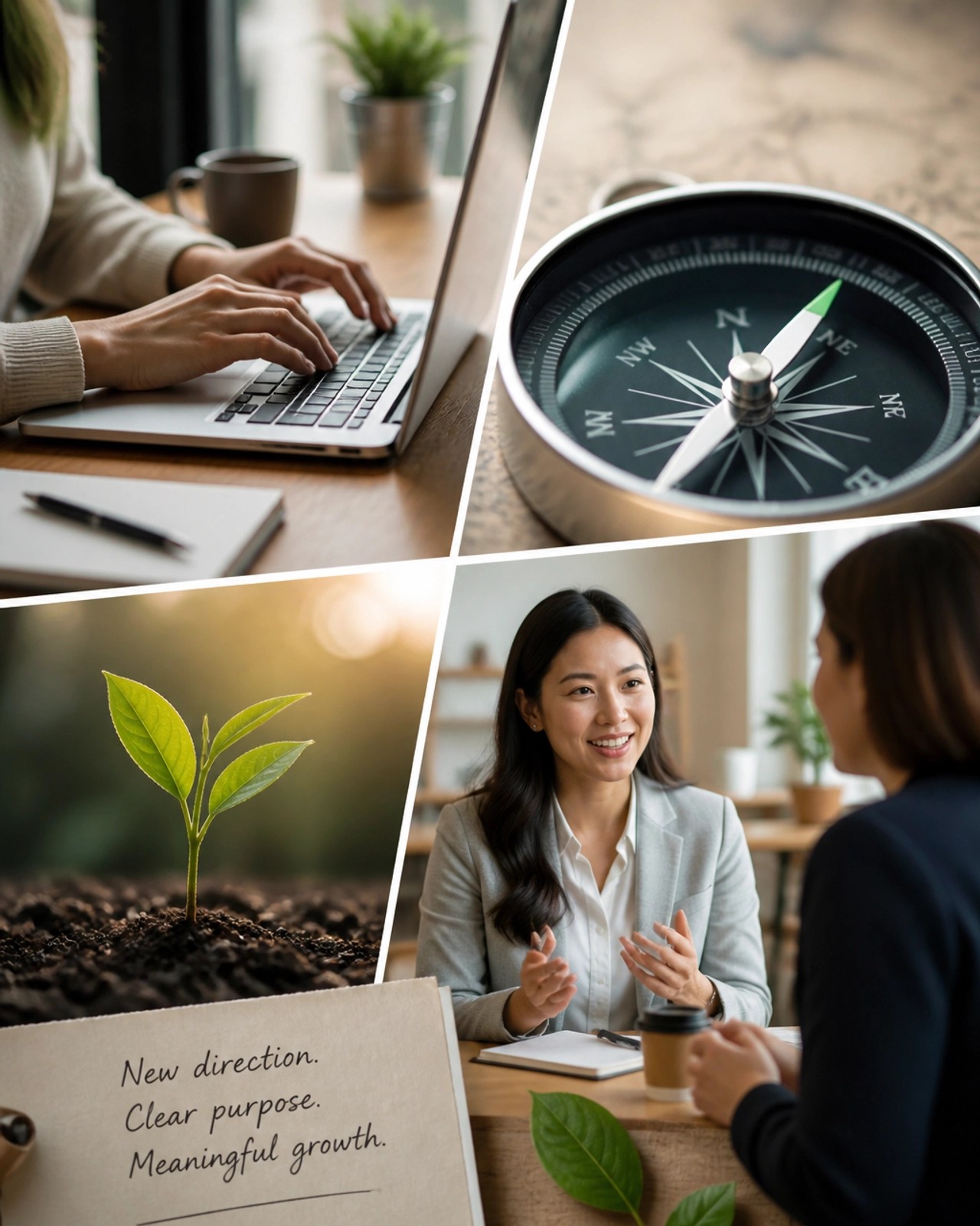  A professional collage representing career growth and transition, featuring elements of coaching, networking, and strategic planning.