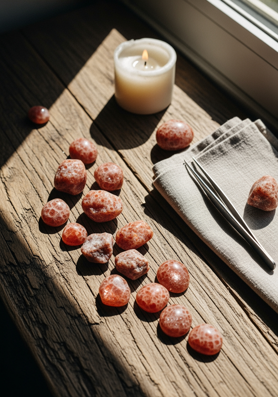 Warm sunlight falls across a rustic wooden surface with polished sunstone crystals, a white candle, and linen cloth beside metal tweezers by a window.