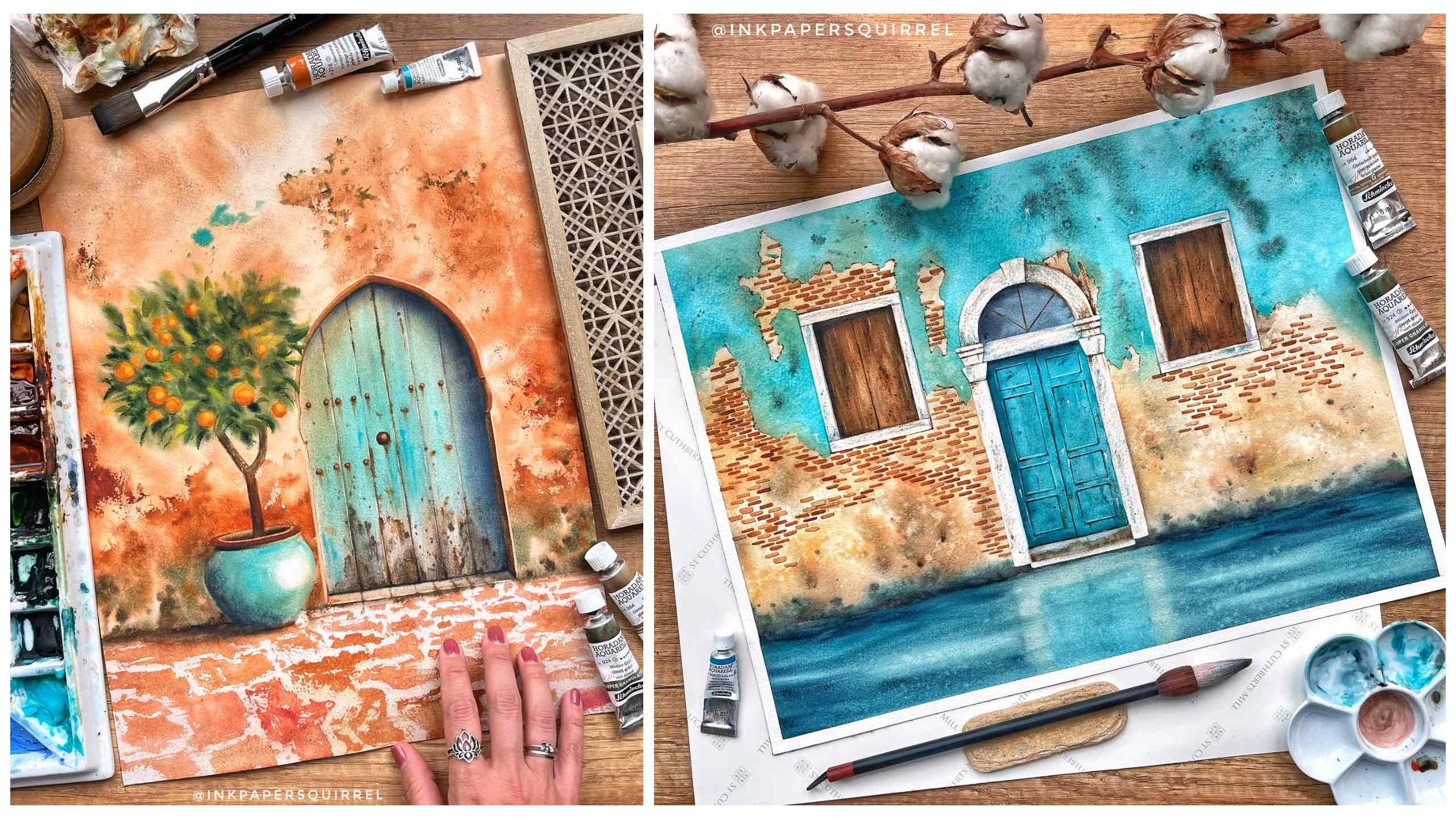 A Collage of Two Finished Paintings - A Morrocan Door with an Orange Potted Tree and a Venetian Door on the Canal