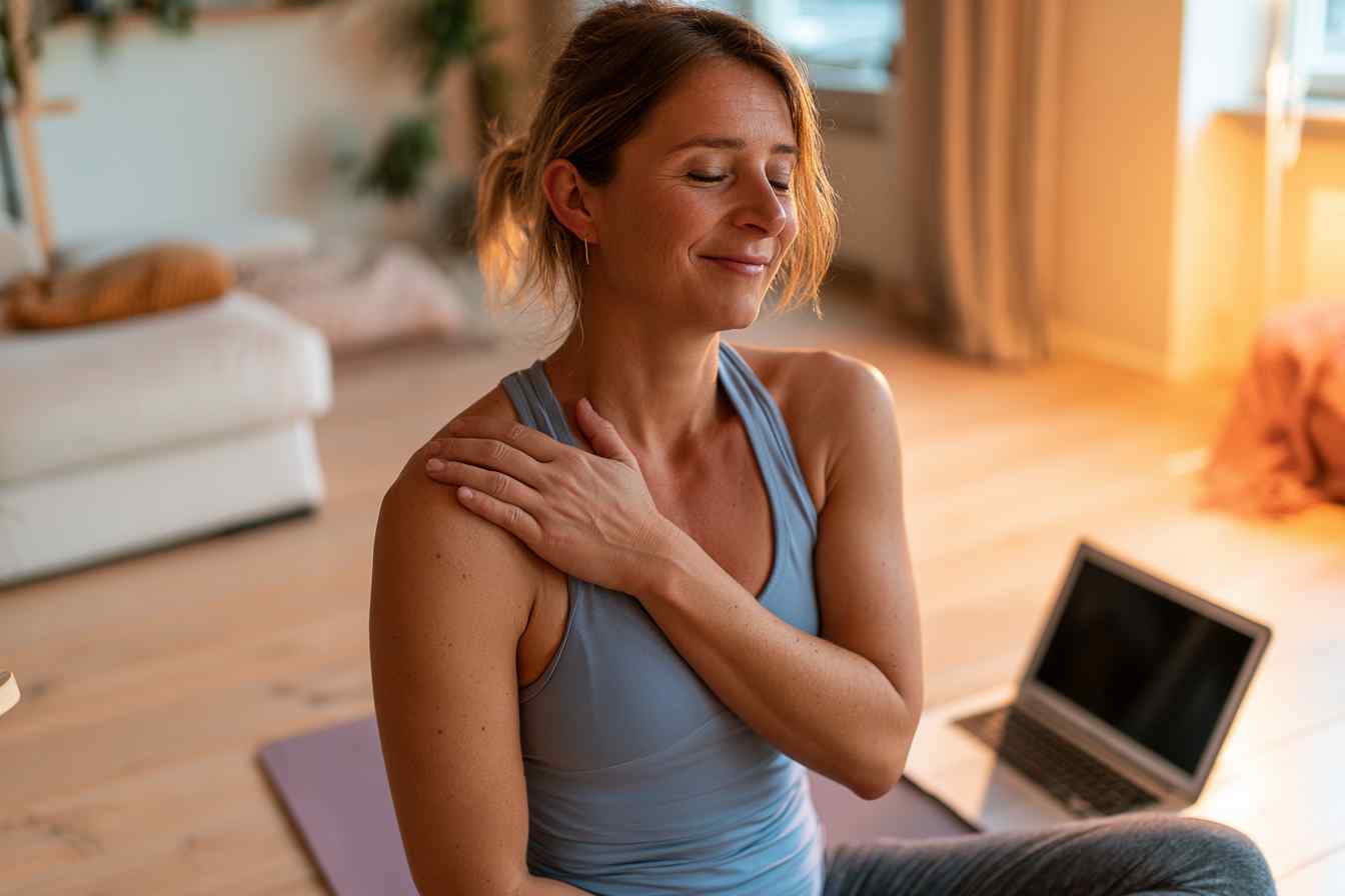 Vrouw voert Do-In Yoga zelfmassage uit langs het schouderblad ter hoogte van de Dunne Darm meridiaan, zittend op de vloer.