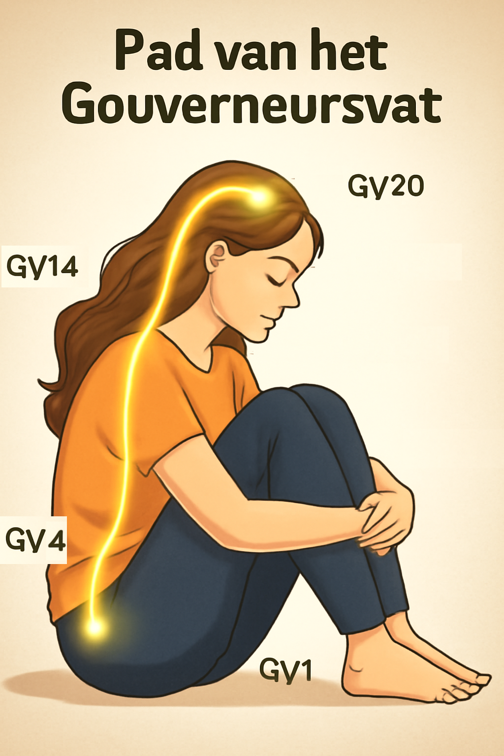Infographic van het Gouverneersvat (Du Mai) pad langs de wervelkolom met belangrijke acupunctuurpunten: GV1 (stuit), GV4 (Mingmen), GV14 (Dazhui), GV20 (Baihui). Educatieve illustratie voor meridiaanwijsheid.