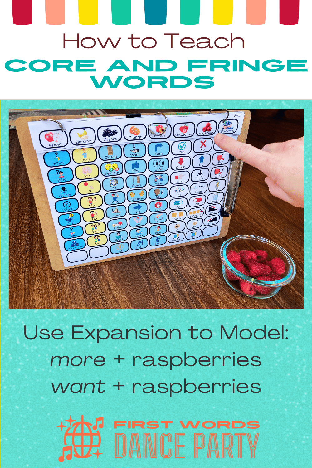 A person modeling how to point to a fringe word to model AAC.