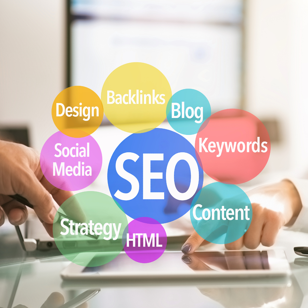 various idea bubbles of marketing "Social media, design, backlinks, blog, keywords, seo, content, HTML, strategy