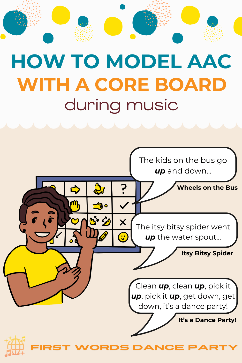 A speech-language pathologist singing a song while modeling with aac core boards.