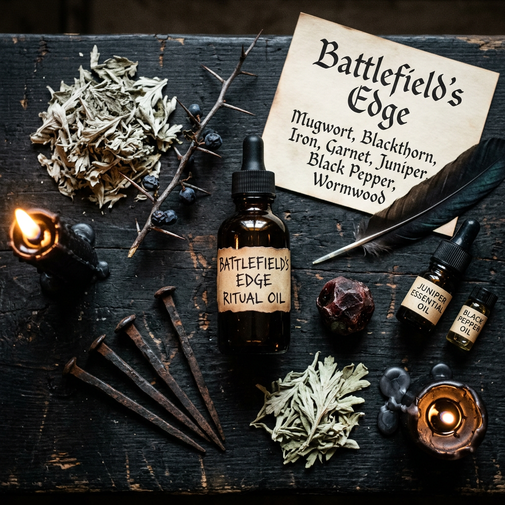 A flat-lay photograph on a dark wooden surface showing a ritual oil setup. In the center is a brown amber dropper bottle labeled "Battlefield's Edge Ritual Oil." Surrounding it are dried herbs, a thorny blackthorn branch with berries, a dark red garnet stone, small essential oil vials, large rusted iron nails, a black feather, and small burning candles in dark wax holders. A piece of parchment paper lists ingredients like Mugwort, Blackthorn, Iron, and Garnet.