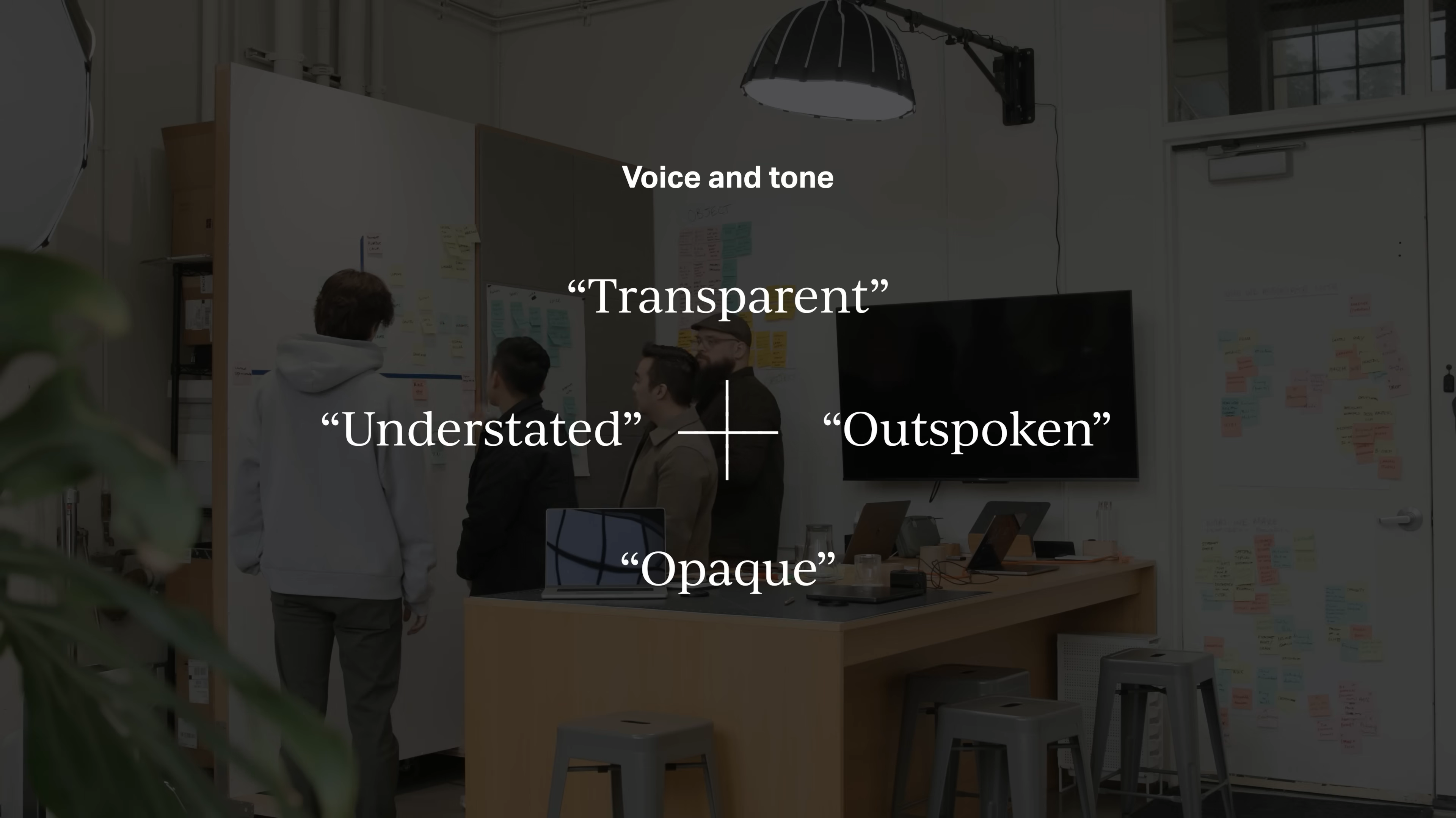 Team discussing brand voice and tone matrix—transparent, understated, outspoken, opaque—during Mode’s rebrand strategy session in Matthew Encina’s video.