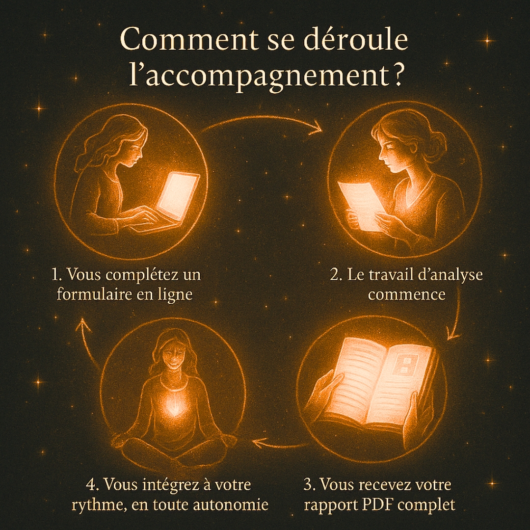 illustration en quatre étapes du déroulement d’un accompagnement transgénérationnel : formulaire, analyse, réception du rapport PDF, intégration en autonomie