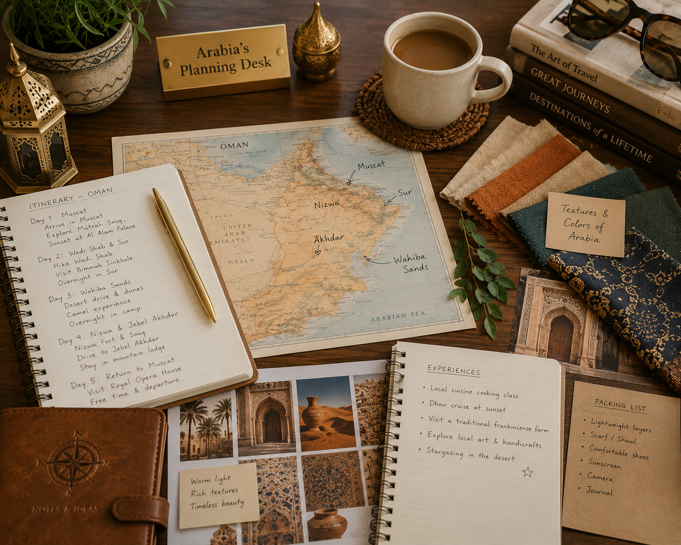 Travel curator's planning desk with itinerary notes, map, and fabric swatches from the destination