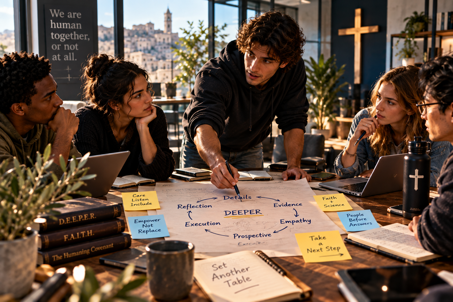 Group of young people exploring the D.E.E.P.E.R. framework  using a large flip chart on a table.