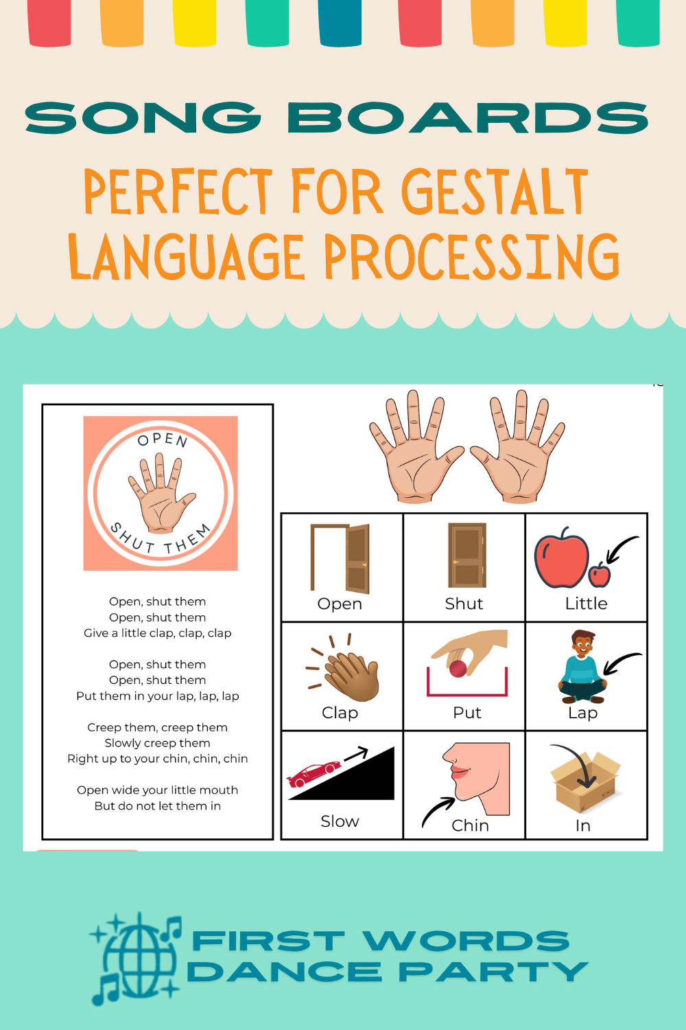 A gestalt language processing song board for the song Open, Shut Them.