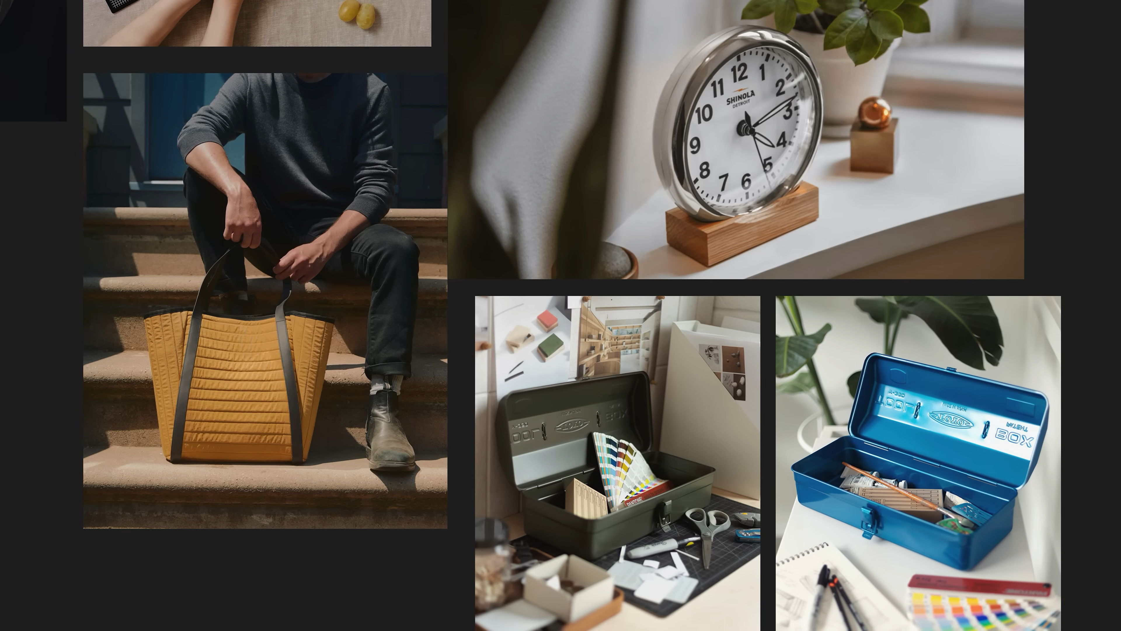 Modern lifestyle product photography showing a person holding a yellow tote bag on outdoor steps, a Shinola clock on a windowsill, creative workspace with design tools and color swatches, and colorful metal storage boxes for organizing supplies.