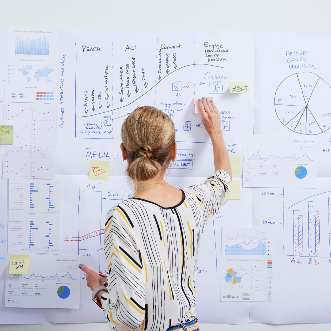 Lady working out marketing on a whiteboard