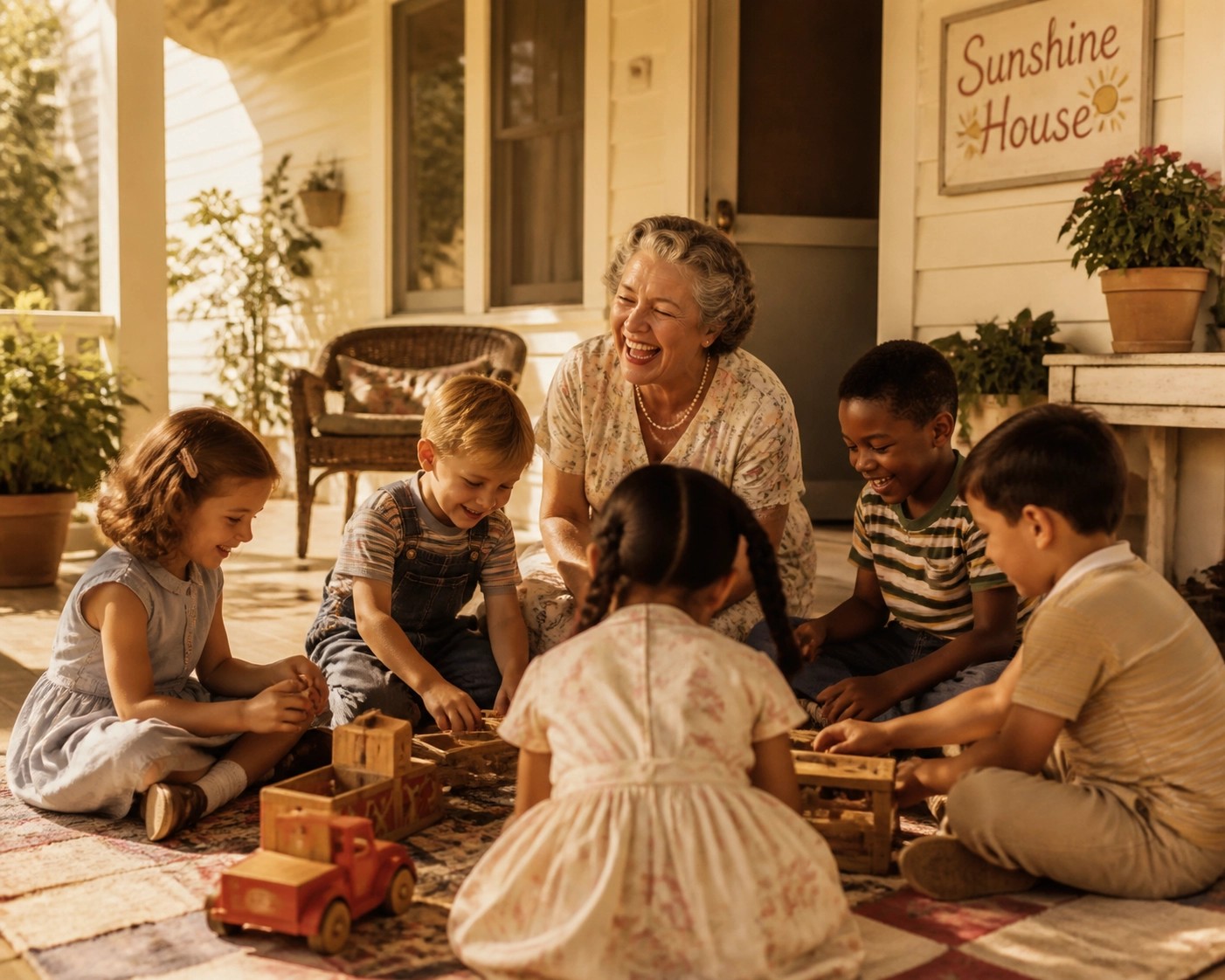 An older woman laughing with children on a sunny 1950s porch, representing a childhood haven of unconditional love.