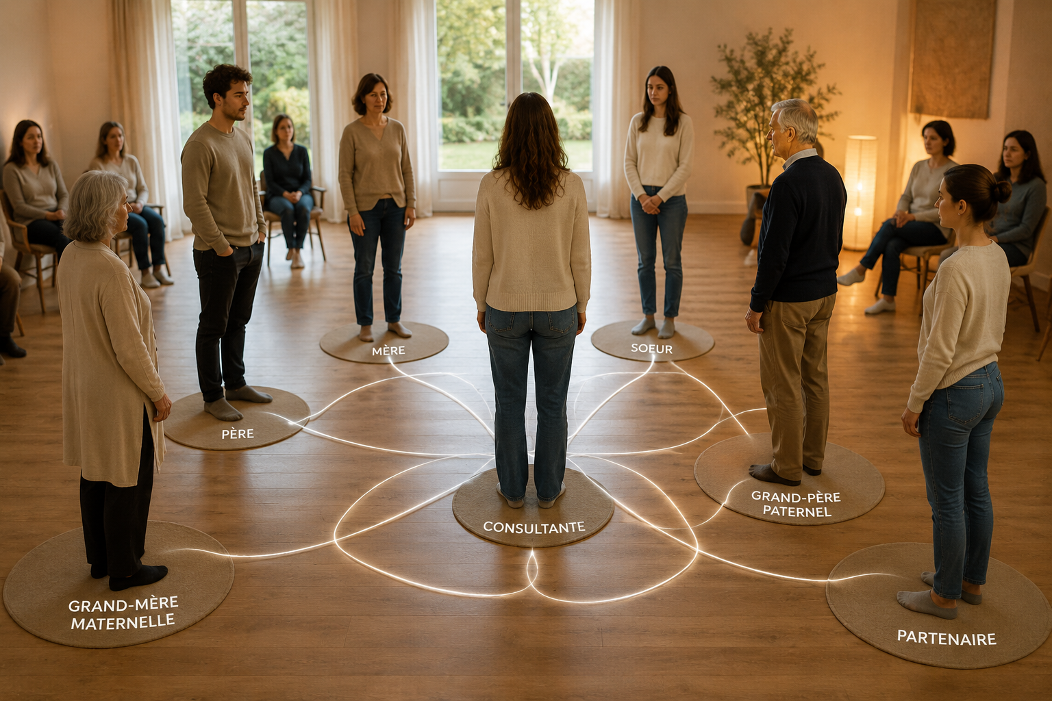 Groupe de personnes en cercle représentant les places du père, de la mère et des ancêtres lors d’une constellation familiale.